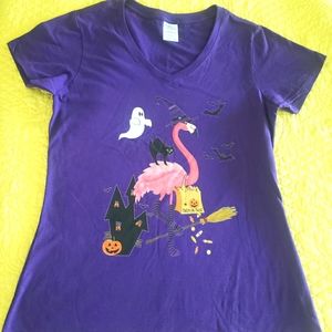 Halloween Flamingo V Neck purple t-shirt.  Womens small by Port & Company.